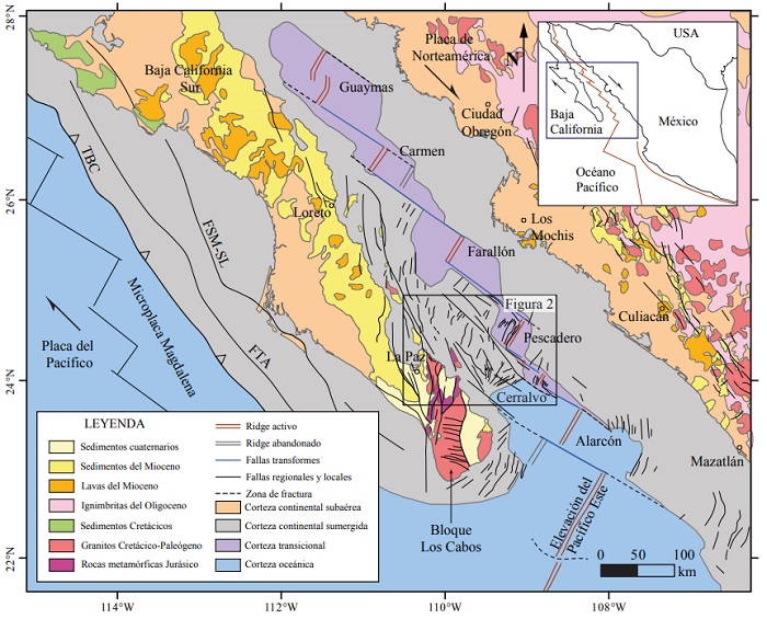 Mapa regional que muestra la geologa y estructura de la porcin sur del Golfo de California (GC). TBC−trinchera de Baja California; FSM-SL−falla Santa Margarita-San Lorenzo; FTA−falla Tosco-Abreojos. Modificado de Fletcher y Mungua (2000); Fletcher et al. (2007); Montrella (2014); Duque-Trujillo et al. (2015); Bot et al. (2016). El Sistema Extensional de Cerralvo se encuentra localizado en el recuadro de color negro (ver Figura 2).