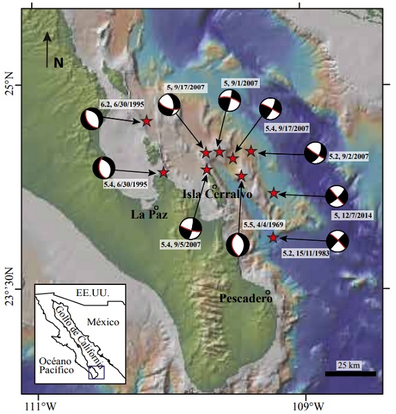 Localizacin de epicentros y mecanismos focales correspondientes a eventos ssmicos seleccionados durante 1969-2014 con magnitud > 5.0 (ver Tabla 3). Observe que los sismos ocurridos a lo largo de los escarpes de fallas que delimitan la regin de Cerralvo sugieren un sistema estructural tectnicamente activo. La topografa y batimetra fue tomada de GeoMapApp (http://www.GeoMapApp.org). El mecanismo focal del ao 1969 fue tomado de Molnar et al. (1973). Los mecanismos focales del ao 1995 fueron tomados de Mungua et al. (2006). El mecanismo focal del ao 1983 fue tomado del catlogo CMT (www.globalcmt. org). Los mecanismos focales de los aos 2007, 2014 fueron tomados del catlogo USGS-ANNS (https://earthquake. usgs.gov/earthquakes/eventpage). La lnea de color rojo en el mecanismo focal representa la solucin del plano de falla verdadero.