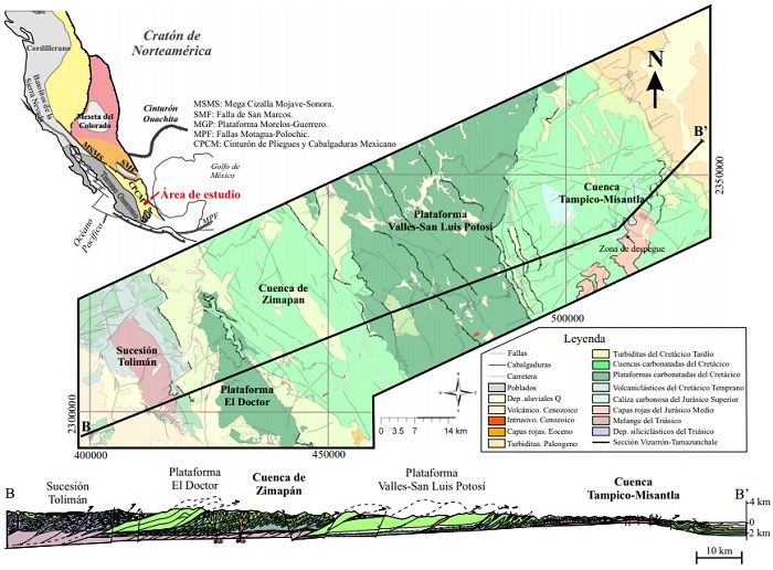 a) Mapa tectnico de Norteamrica y del Cinturn de Pliegues y Cabalgaduras Mexicano en el centro de Mxico. En el mapa geolgico del rea de estudio se observan cuatro elementos paleogeogrficos caractersticos: Plataforma El Doctor, Cuenca de Zimapn, Plataforma Valles-San Luis Potos y Cuenca TampicoMisantla. Se incluye adems una seccin geolgica-estructural con deformacin de las rocas de plataforma y cuenca. Ntese el acomodo de la deformacin a travs de pliegues en las cuencas de Zimapn y Tampico-Misantla. Mapa y seccin tomada de Fitz-Daz et al. (2012).