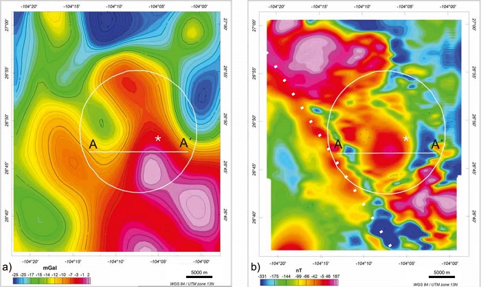 Regional Bouguer anomaly (a) and reduced to the pole aeromagnetic (b) maps of the region where is located the studied area. Both maps show that the dome (white circle) is in or near to high gradient zones. A clear NW orientation of the anomalies is seen in both maps (dotted line). The white asterisk marks the location of the Cerro Dinamita dike. Standard error in gravity is 0.1768 mGal and in magnetic is 0.1817 nT. To generate the regional Bouguer anomaly map 1763 data points were used, and for the aeromagnetic map, 471,969 data points. The white line labeled A–A' corresponds to the section selected for the forward model shown in Figure 15. Supplementary File S2 includes variograms and histograms of the data used to elaborate maps in Figures 13 and 14, and data tables with additional information.