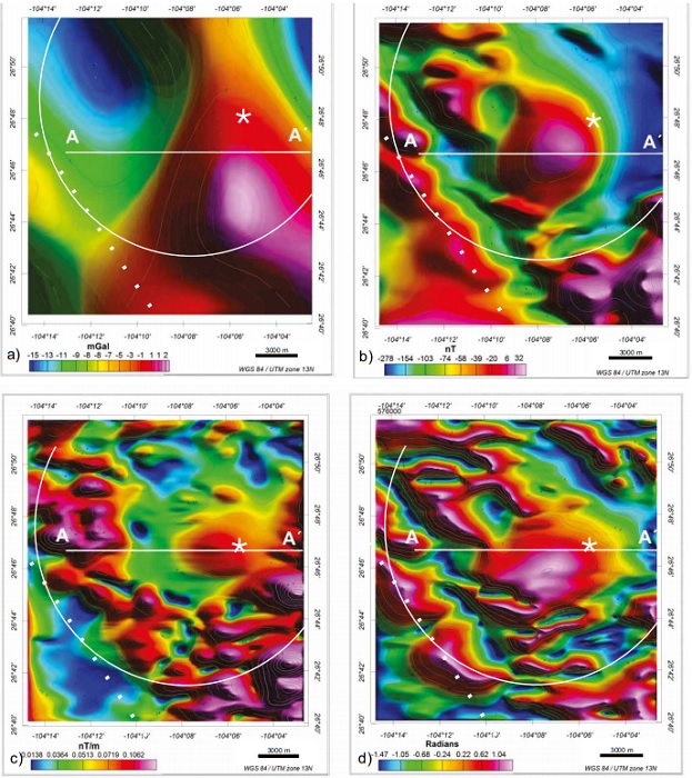 Processed gravity and magnetic data of the Mercurio structural dome and its immediate surroundings. (a) Residual Bouguer anomaly; standard error 0.1768 mGal. (b) Residual aeromagnetic anomaly reduced to the pole; standard error 0.2596 nT. (c) Analytical signal of the residual aeromagnetic anomaly reduced to the pole (std. err. = 0.000173 nT/m). (d) Derived tilt of the residual magnetic anomaly reduced to the pole (std. err. = 0.0001701 Rad).