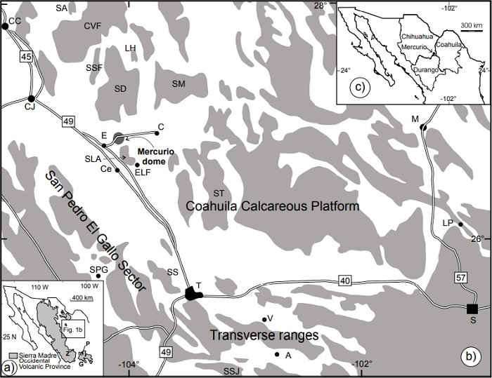 Location and index maps. a) Present day distribution of rocks of the Sierra Madre Occidental volcanic province. Note that the there are two regions where remnants of the volcanic field are considerably wider. Mining districts: G = Guanajuato, P = Pinos, and Z = Zacatecas. b) Mountainous regions (grey) in north- central Mexico: the Mercurio structural dome is located south of Sierra El Diablo (SD). c) Political division. Other localities mentioned in the text: A = Bajío de Ahuichila, C = Carrillo, CC =Ciudad Camargo, Ce = Ceballos, CJ = Ciudad Jiménez, CVF = Camargo volcanic field, E = Escalón, ELF =Ejido La Flor, LH = La Herradura, LP = La Popa, M = Monclova, S = Saltillo, SA = Sierra Aguachile, SLA = Sierra Los Álamos, SM = Sierra Mojada, SPG = San Pedro El Gallo, SS= Sierra de Sarnoso, SSF = Sierra San Francisco, SSJ = Sierra San Julián, ST = Sierra Tlahualilo, T = Torreón, V = Viesca.