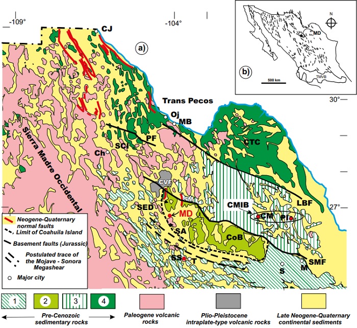 Regional geological setting of the Mercurio structural dome (MD). The study area is close to the transition between two important paleogeographic features. East of the dome is the Coahuila Calcareous Platform and west of it the sedimentary successions were accumulated in the Mexican Sea (Haenggi, 2005). Near the MD exist extensive outcrops of Paleogene volcanic rocks of the Sierra Madre Occidental volcanic province, which is considerably wider in that region; these volcanic rocks extend all the way to Trans Pecos (Texas). Pre-Cenozoic sedimentary marine successions are all shown in different shades or patterns of green, depending on the basin where they accumulated. These basins are 1. Mexican Sea, 2. Coahuila Calcareous Platform, 3. Sabinas basin, and 4. El Burro-Peyotes península. Broadly speaking, each succession has different structural styles, a fact noted by Kellum et al. (1936). These structural domains appear to reflect the influence that different lithologies in the sedimentary successions exerted on the deformation during the Sevier(?) and/or Laramide orogenies in the area. Inset b shows the extent of the southern Basin and Range province in Mexico (Henry and Aranda-Gómez, 1992). TMVB = Trans Mexican Volcanic Belt. The location of the Mojave- Sonora megashear near Mercurio is after McKee et al. (1990). Other important basement structures are: LBF = La Babia fault, PF = Plomosas fault, and SMF = San Marcos fault. Other acronyms: Ch = Chihuhua, CJ = Ciudad Juárez, CM = Cerro Marcelinos, CMIB = Candela - Monclova intrusive belt, CTC = Coahuila-Texas craton, CoB = Coahuila Block, CVF = Camargo volcanic field, M = Monterrey, MB = Manuel Benavides, Oj = Ojinaga, PI = Providencia intrusive body, S = Saltillo, SA = Sierra Los Alamos, SM = Sierra Mojada, SCI = Sierra Cuesta del Infierno, SED = Sierra El Diablo, SS = Sierra Sarnoso, T = Torreón.