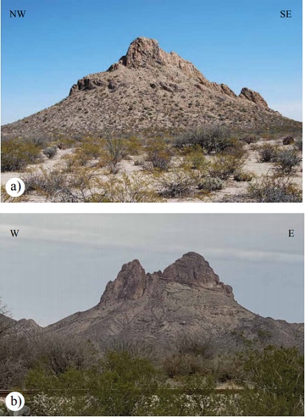 a) Cerro Dinamita is an elongated hill crowned by a vertical dike with conspicuous, nearly vertical, columnar joints. The hill seen from the SW has a jagged form, with two peaks that are surrounded by an apron formed by a talus deposit. b) Cerro Las Tetas de Juana, located a short distance north of the Escalón-Carrillo road; the steep hill on the left is a volcanic neck and the hill on the right is part of a tilted layered volcanic sequence. Both photos (a) and (b) depict deeply eroded volcanic vents, but Cerro Dinamita represents a deeper erosion level as all volcanic rocks have been removed.