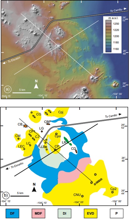 Physiography of the Mercurio structural dome region. a) Shaded relief map with hipsographic tints generated with GeoMapApp (http://www. geomapapp.org). The paved road from Escalón to Carrillo is shown in the upper portion of the image. The white lines correspond to the trace of the topographic profiles shown in Figure 6 and discussed in the text. b) Physiographic zonation of the area. Physiographic zones: DF = Dome fringe, DI = Dome interior, EVD = Eroded volcanic domain, MDF = Modified dome fringe, P = Plain. Acronyms: CB = Cerro Blanco, CBP = Cerro El Buen Pastor, CD = Cerro Dinamita, CG = Cerro Gallineros, CJ = Cerro Las Tetas de Juana, CM = Cerro La Moneda, CNU = Cerro Narices de Urías, CP = Cerro Pintado, Cpi = Cerro Prieto, Cp2 = Cerro Prieto 2, Cpj = Cerro El Pitonaje, Cpo = Cerro Piloncillo, LG = Loma Guadalupana, LEC = Loma El Corcho, LC = Loma La Cuarta, LLB = Lomas Las Brujas, LR = Loma Redonda.