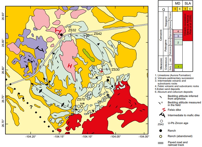 Geologic sketch map of the Mercurio structural dome mostly based on the interpretation of vertical, 1:75,000-scale, stereo pair airphotos. Attitudes of the layers in the volcano-sedimentary unit were inferred from the asymmetry of cuestas (Figure 3) in aerial imagery. Resistant tabular rock bodies in the volcanic successions were also used to infer their attitude. The dotted line in the SW corner of the map shows the approximate location of a conspicuous lineament seen in the geophysical maps (Figures 13 and 14). It is represented by the symbol of a hidden fault. Sampling sites for U-Pb dating are shown. Ranchs: JM = Jesús María, M = Mercurio, SJB = San José del Bosque. Other acronyms: MD = Mercurio dome, SLA = Sierra Los Alamos.