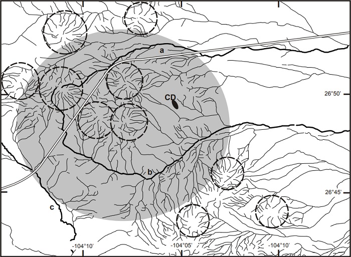Hydrography of the Mercurio structural dome and its surroundings. The approximate location of the uplifted area of the dome is shown in gray. Note that two of the most important arroyos (a and b) in the area make a rough annular array within the gray area. Minor arroyos inside and north of the dome define radial arrays, such as those expected in partially eroded volcanic centers. Cerro Dinamita (CD), where an isolated subvolcanic dike is exposed (Figure 4a), lacks a clear radial pattern. West of the dome there is an extensive alluvial plane where the main stream (c) is parallel to the lineament seen in Figures 13 and 14. Circular areas bounded with dotted lines are zones where streams display radial arrays.