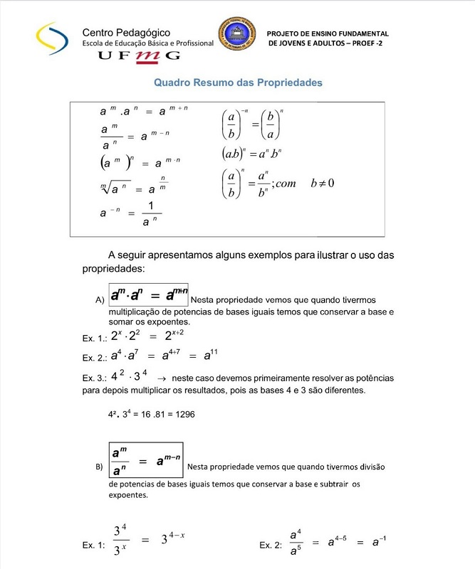 Propriedades da Potenciação e exemplos.