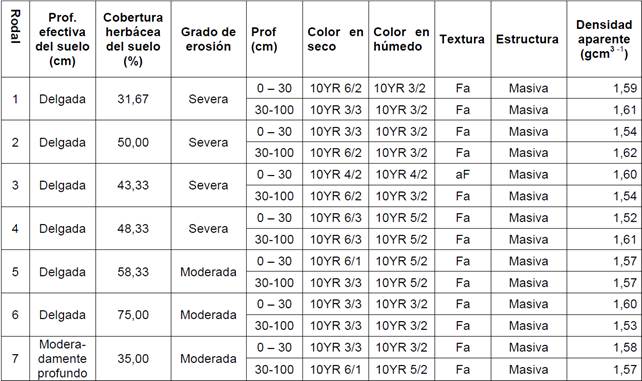 Principales caracter&iacute;sticas f&iacute;sicas de 0-30 y de 30-100 cm de profundidad en el &aacute;rea de estudio.