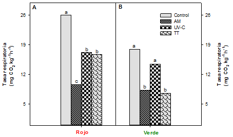 Tasa respiratoria en pimiento rojo (A) y verde (B) fresco cortado almacenado en AM, tratado con radiación UV (20,0 kJ m-2) o tratado térmicamente (TT, 45 °C, 3 min) y almacenado a 5 °C por 7 d. Las letras distintas indican diferencias en un test de Fisher con un nivel de significancia de P<0,05.