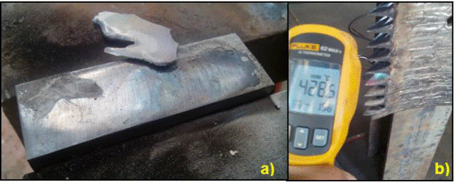 a) Experimentación del blindaje con temperatura de precalentamiento a 200ºC, con evidencia de desprendimiento del material, b) Precalentamiento de los flancos de los dientes del virador, con un control de la temperatura entre 320 y 420°C