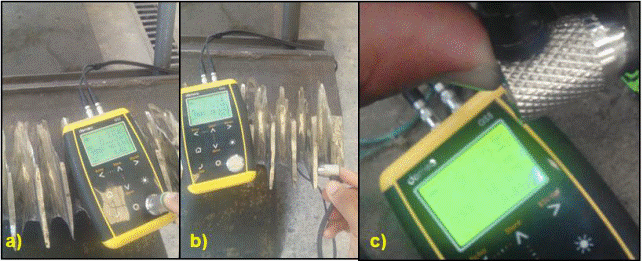 Medición de espesor en los flancos de los dientes del virador, a) calibración en cero del equipo, b) medición antes del blindaje, c) medición después del blindaje
