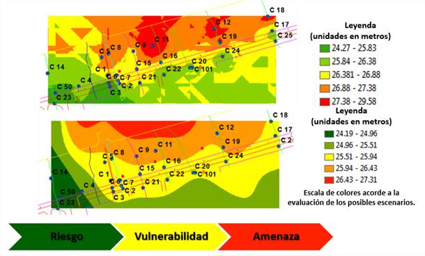 Distribuciones espaciales indizadas del valor más probable para la LCS antes del filtro (A) y después del filtro (B).