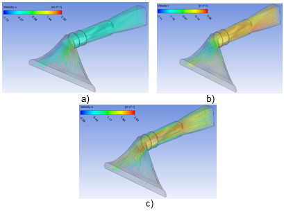 Velocidades en ducto de aire, a) u, b) v c) w.