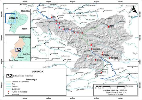 Zonas de muestreo en Azucena (referencia), microcuenca del r&iacute;o Carrizal (Zona 1), embalse La Esperanza (Zona 2) y subcuenca del r&iacute;o Carrizal (Zona 3).