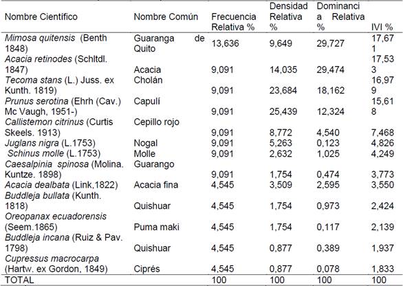 &Iacute;ndice de importancia de especies de flora del estrato arb&oacute;reo del Bosque Los B&uacute;hos