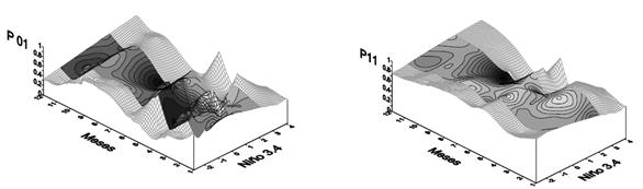 Probabilidades de transici&oacute;n diaria El Ni&ntilde;o 3.4. : probabilidad de evento de lluvia si el d&iacute;a anterior fue seco. : probabilidad de evento de lluvia si el d&iacute;a anterior fue lluvioso. Isol&iacute;neas a partir de datos observados, pixel o malla a partir de datos simulados.