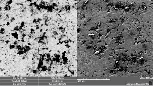 Residuos de mecanizaci&oacute;n carburos impregnados sobre la superficie del electrodo de Cobre, imagen SEM BSE y SE