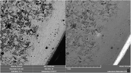 Topograf&iacute;a de desgaste en el borde de la herramienta, imagen SEM BSE y SE