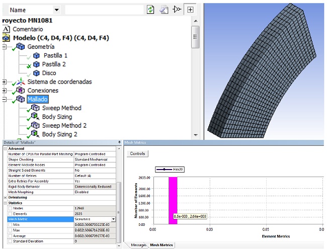 Configuraci&oacute;n general de la malla para la pastilla de freno analizado con calidad de oblicuidad