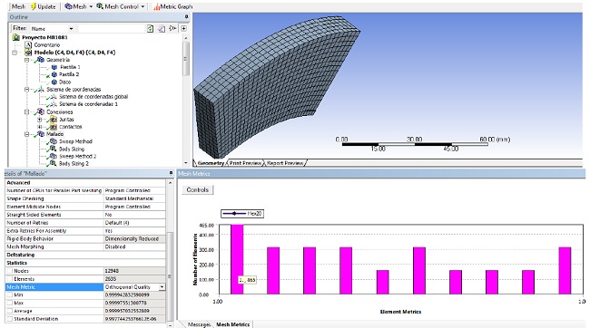 Configuraci&oacute;n general de la malla para la pastilla de freno analizado con calidad de ortogonalidad.