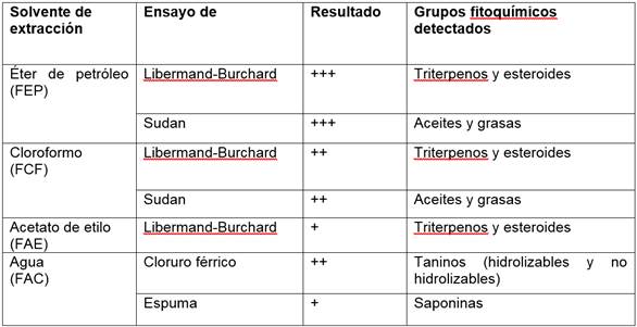 Resultados obtenidos del tamizaje fitoqu&iacute;mico de las fracciones obtenidas por el m&eacute;todo de maceraci&oacute;n sucesiva