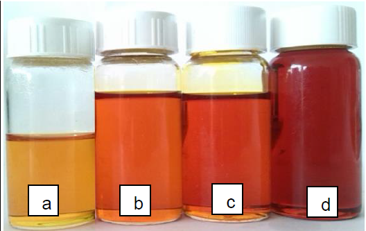 Muestras de ARP luego de la decoloración con: a) carbón activado, b) peróxido de hidrógeno, c) ozono, y d) aceite sin tratar