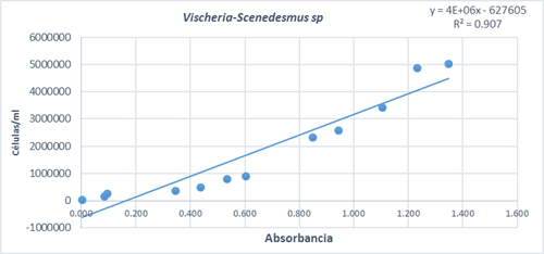 Correlación de la concentración celular versus la densidad óptica para Vischeria/Scenedesmus sp.