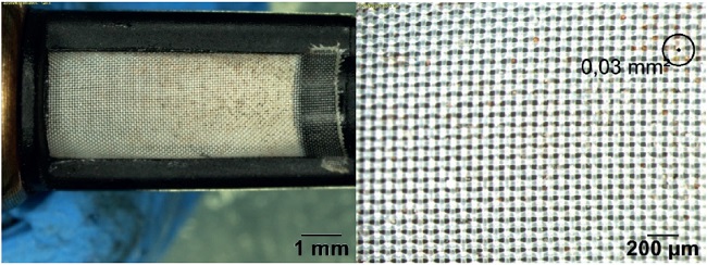 Malla de microfiltro del inyector aveo, (zoom: 1.25x, 5x, combustible al 5 % etanol)
