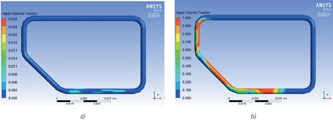 Cambio de fase del agua: a) 1 segundo, b) 5 segundos