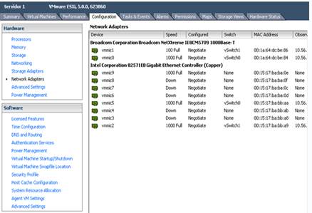 Interfaz vmnic9 que no tiene ningún virtual switch asignado 