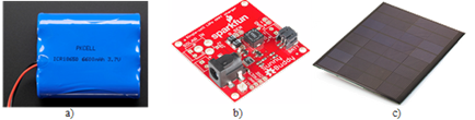 Componentes del sistema de abastecimiento de energ&iacute;a solar: a) Bater&iacute;a LiPo, b) cargador solar y c) panel Solar.
