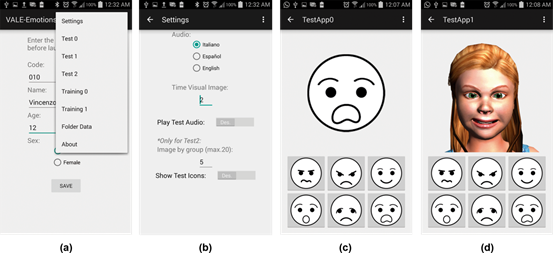 App interfaces: a) Main and Menu interface, b) Settings interface, c) Iconic Literacy interface and d) Emotion Recognition interface for DFE in training/test 1 and 2.