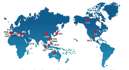 Pa&iacute;ses con investigaciones sobre sistemas DX-SAHP (Shi, Aye, Li y Du, 2019).