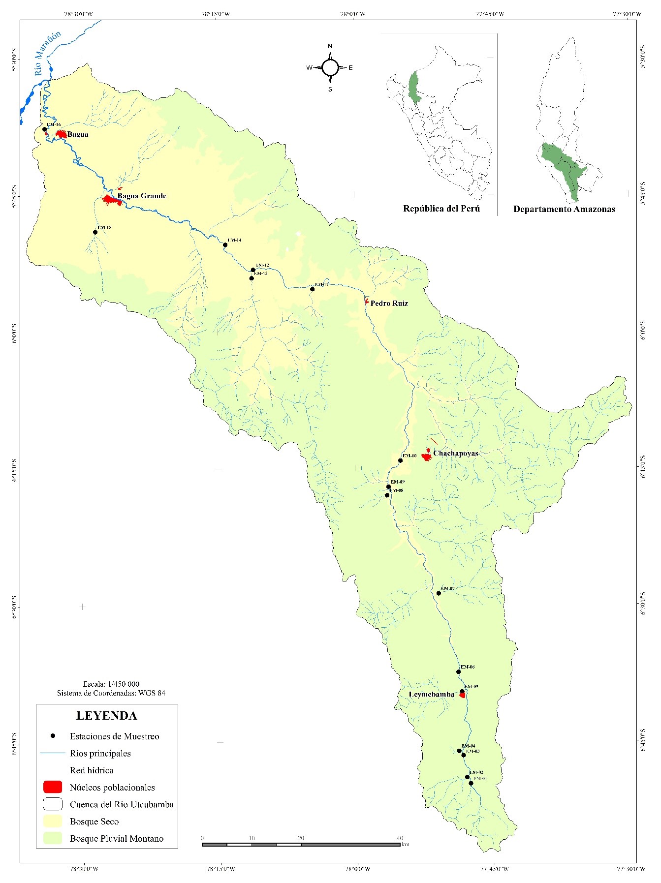  Zona de estudio y 16 puntos de muestreo considerados sobre la cuenca del r&iacute;o Utcubamba.