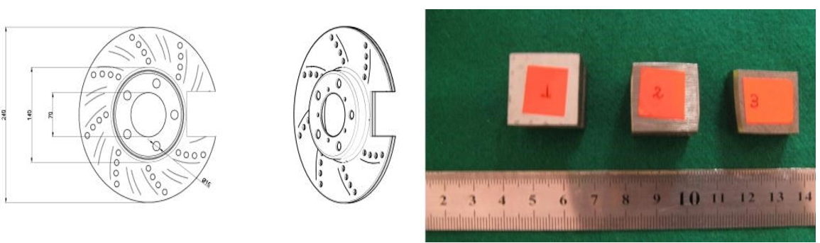 Brake disc test specimens and specimen removal area