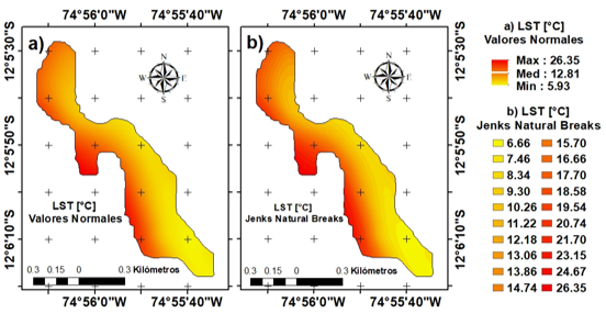 Imagen a) LST promedio de 9 imágenes durante el año 2018 – 2019; b) promedio de 9 imágenes clasificadas en 20 Jenks Natural Breaks. Tamaño de pixel 30X30m aplicando técnica de remuestreo de visualización interpolación bilineal (proporcionando resultado de aspecto suavizado).