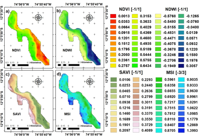 Análisis de mínimos y máximo de los índices de vegetación promedio de 9 imágenes clasificado en 20 valores Jenks Natural Breaks. Figura: a) estado fitosanitario; b) contenido de agua; c) erosión del suelo; y d) estrés hídrico. Tamaño de pixel/celda 30x30m (proporcionando un resultado más suavizado) aplicando técnica de remuestreo de visualización interpolación bilineal.