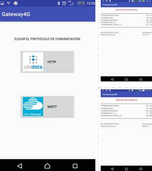 Pantallas de la aplicaci&oacute;n del gateway m&oacute;vil para la seleccionar protocolo de IoT.