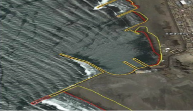 Imagen satelital del cambio de la costa en el lado sur de Salaverry Puerto.