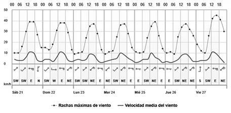 Velocidad media direcci�n y r�fagas de viento