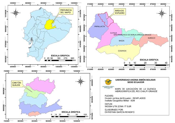Ubicación de la cuenca hidrográfica del río Chalpi Grande desde el Ecuador continental hasta la división política del cantón Quijos