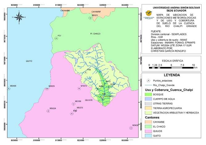 Estaciones meteorológicas y uso y cobertura de suelo de la cuenca hidrográfica del río Chalpi Grande