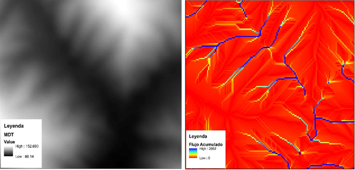 Modelo Digital del Terreno (MDT), a la izquierda y Flujo Acumulado a la derecha