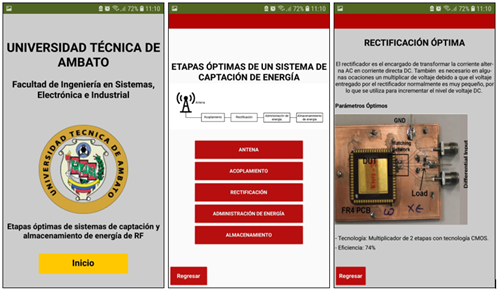 Aplicación realizada a: pantalla principal, b: menú de selección, c: etapa seleccionada.