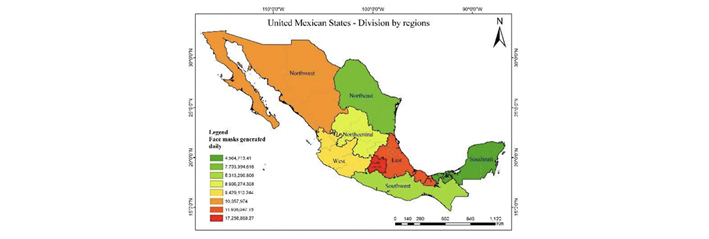 Masks generated daily in Mexico by region