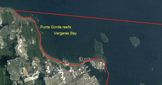 Polygons of the National Park PNSAV in 1992, include Punta Gorda reef and Vergara Bay (Google Earth Pro, historical image with signs).