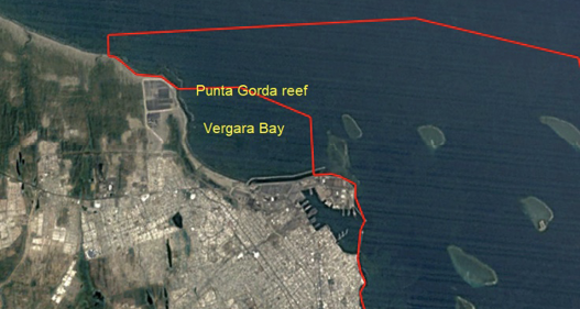 Polygons of the National Park PNSAV in 2012, exclude Punta Gorda reef and Vergara Bay (Google Earth Pro, historical image with signs).