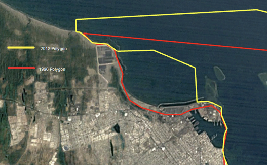 Comparison of the polygons of the PNSAV National Park, original decree of 1992 and modification of 2012 (Google Earth Pro, historical image with signs).