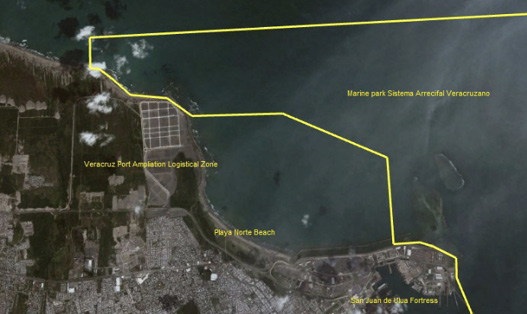 PNSAV polygon and area of the port of Veracruz, Mexico expansion. (Google Earth Pro, historical image with signs, 2012).